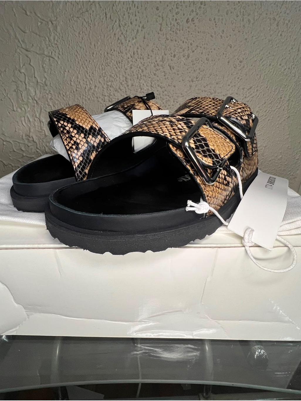 Birkenstock Snake Print Two-Buckle Sandals In Tan And Black